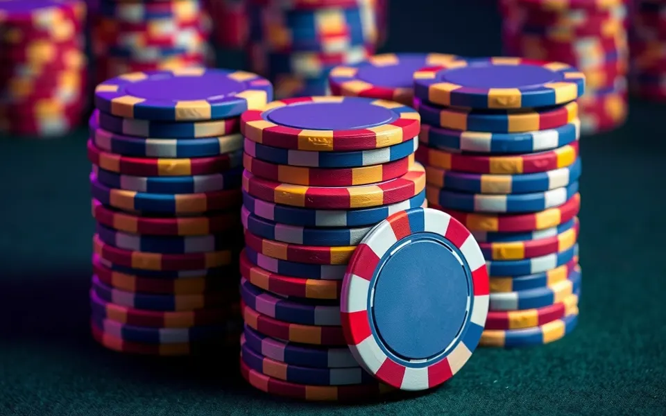 Pile di fiches da casinò colorate su un tavolo verde